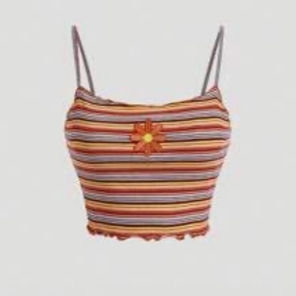 SHEIN Tops - 4X Floral Embroidery Striped Print Ribbed Lettuce Trim Crop Top